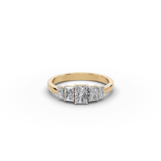 Radiant Lab Grown Diamond Five Stone Ring in yellow gold, front view