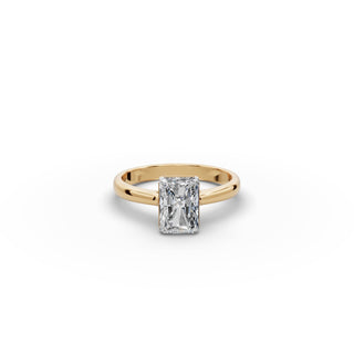 Radiant Lab Grown Diamond Four Prong Solitaire Ring in yellow gold, front view
