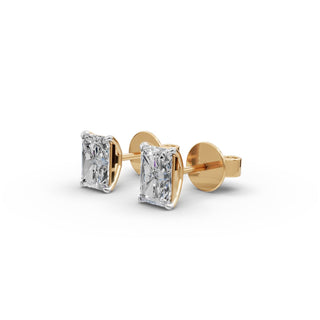 Radiant Lab Grown Diamond Four Prong Stud Earrings in yellow gold, front view