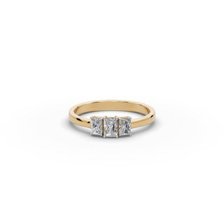 Radiant Lab Grown Diamond Three Stone Ring in yellow gold, front view