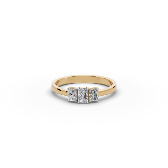 Radiant Lab Grown Diamond Three Stone Ring in yellow gold, front view