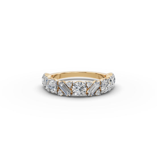 Round and Baguette Lab Grown Diamond Band in yellow gold, front view