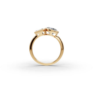 Round and Emerald Lab Grown Diamond Bezel Toi et Moi Ring in yellow gold, front view