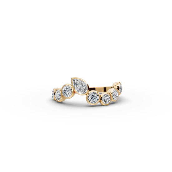 Round and Pear Lab Grown Diamond Bezel Eight Stone Band in yellow gold, front view
