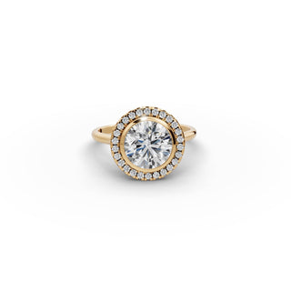 Round Lab Grown Diamond Bezel Halo Engagement Ring in yellow gold, front view