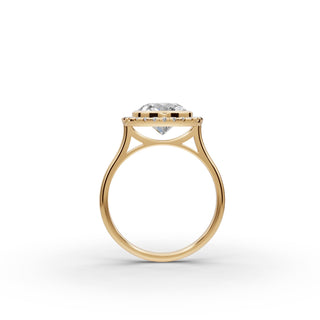 Round Lab Grown Diamond Bezel Halo Engagement Ring in yellow gold, view 2