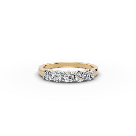 Round Lab Grown Diamond Five Stone Band in yellow gold, front view