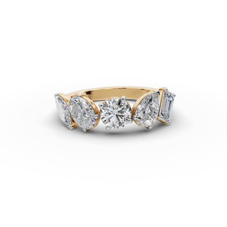 Round Lab Grown Diamond Five Stone Ring with Mixed Shape Accents in yellow gold, front view