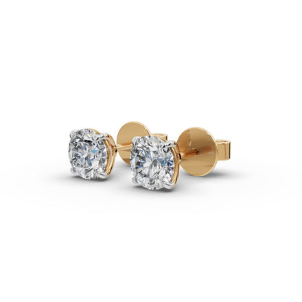 Round Lab Grown Diamond Four Prong Stud Earrings in yellow gold, front view