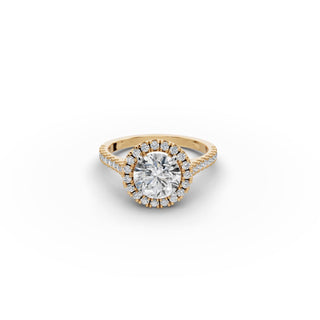 Round Lab Grown Diamond Pavé Halo Engagement Ring in yellow gold, front view