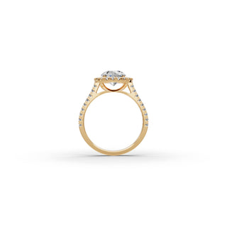 Round Lab Grown Diamond Pavé Halo Engagement Ring in yellow gold, view 2