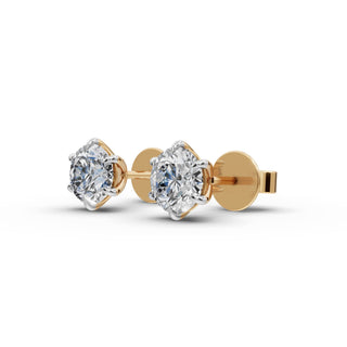 Round Lab Grown Diamond Six Prong Stud Earrings in yellow gold, front view