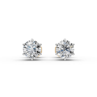 Round Lab Grown Diamond Six Prong Stud Earrings in yellow gold, view 2