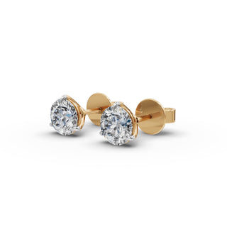 Round Lab Grown Diamond Three Prong Stud Earrings in yellow gold, front view