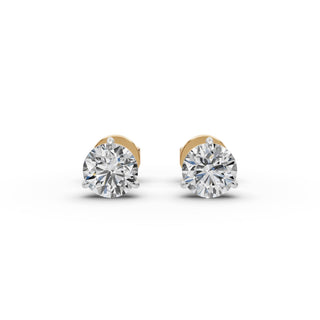Round Lab Grown Diamond Three Prong Stud Earrings in yellow gold, view 2