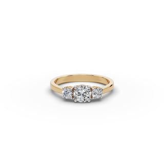Round Lab Grown Diamond Three Stone Ring in yellow gold, front view