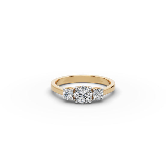Round Lab Grown Diamond Three Stone Ring in yellow gold, front view