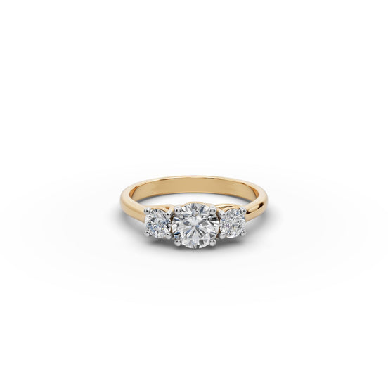 Round Lab Grown Diamond Three Stone Ring 2 in yellow gold, front view