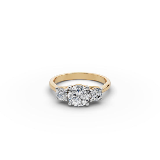 Round Lab Grown Diamond Three Stone Ring 3 in yellow gold, front view