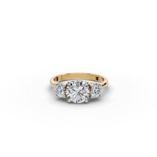 Round Lab Grown Diamond Three Stone Ring 4 in yellow gold, front view