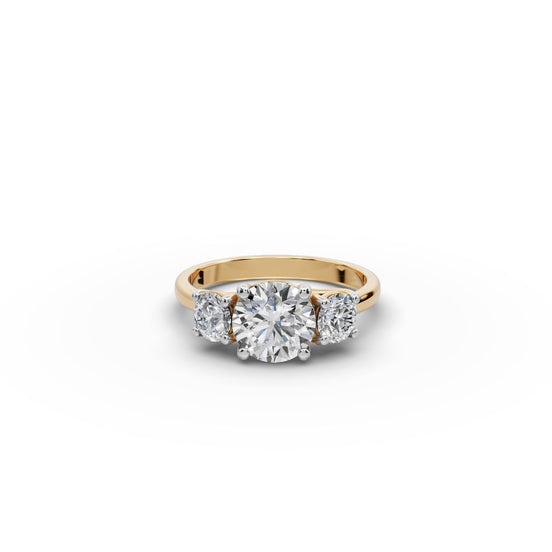 Round Lab Grown Diamond Three Stone Ring 4 in yellow gold, front view