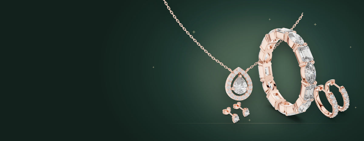Rose gold lab-grown diamond pear halo pendant, eternity ring, huggie hoops and studs by Signora