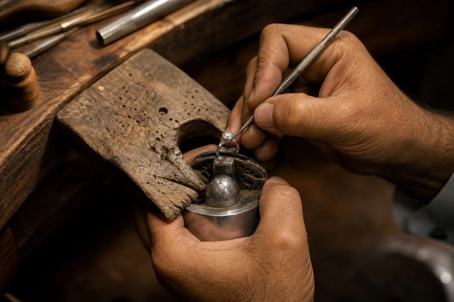 Anonymous jewelry artisan hands working at a jewelry bench
