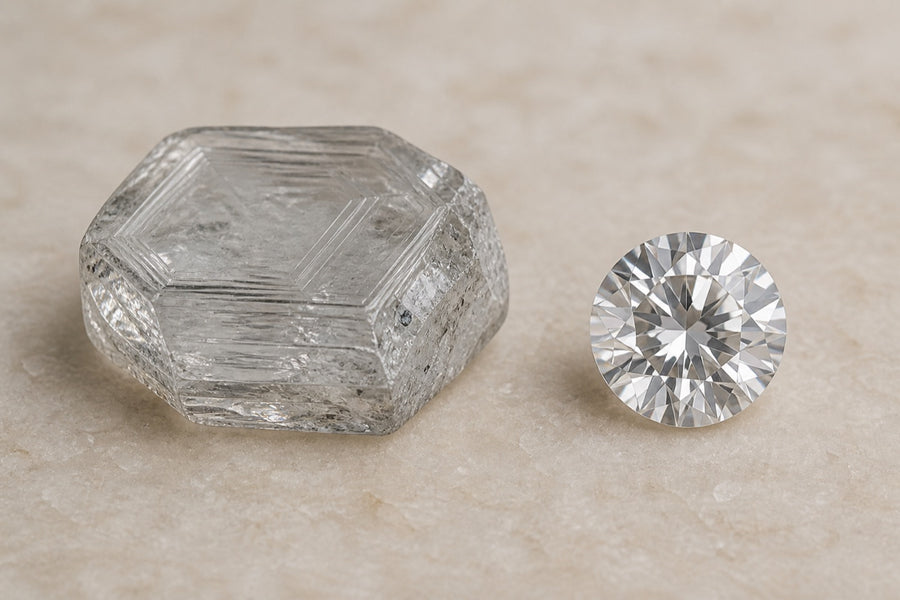 Rough CVD-grown diamond crystal beside a polished diamond