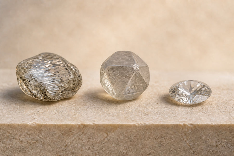 Diamond shown from rough crystal through planning and polished facets