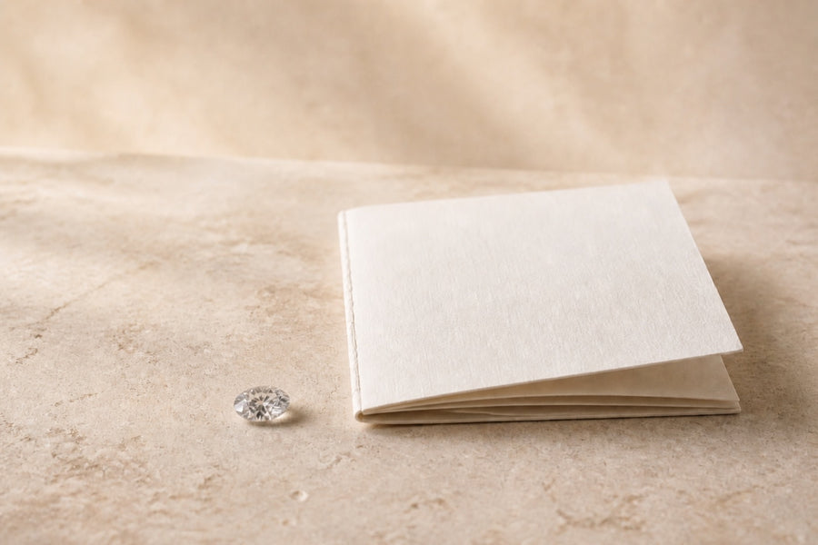 Polished lab-grown diamond beside its independent grading documentation